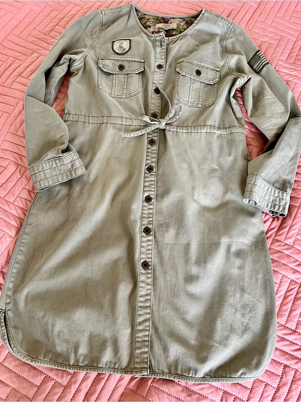 100% Cotton Utility Shirt Dress Distressed Military Safari Drawstring Waist L